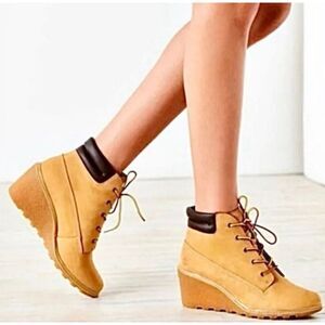 Timberland Women's Amston 6" Inch Wheat Nubuck Wedge Lace Boots SZ 8.5
